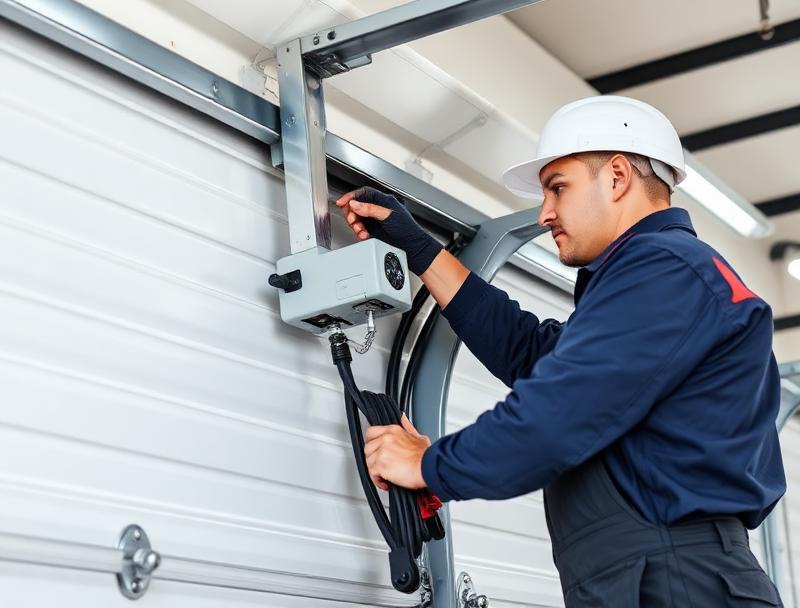 Professional garage door technician performing repair service